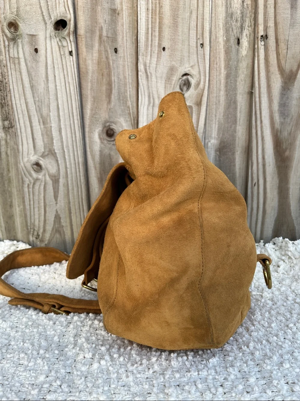 DKNY Suede Drawstring Backpack — Tan Suede with Gold Hardware